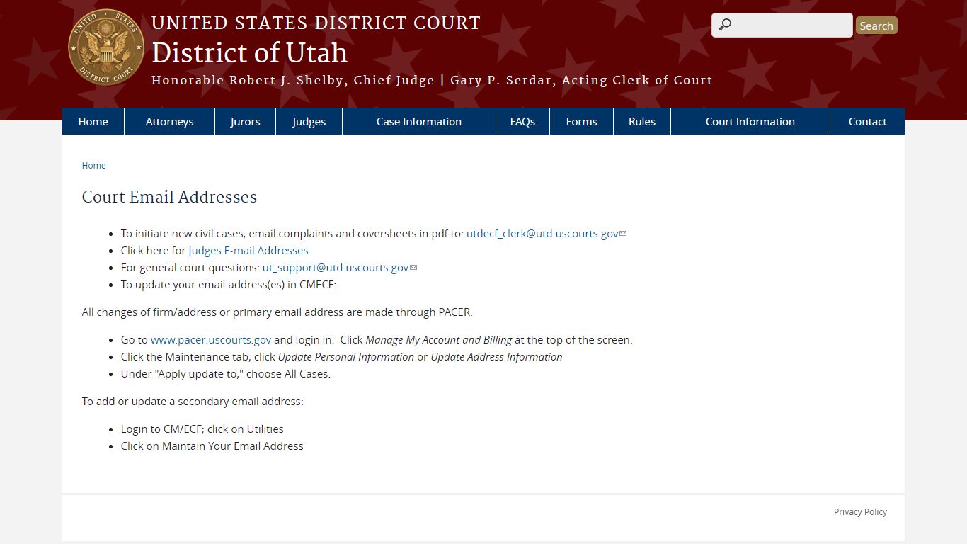 Court Email Addresses | District of Utah | United States District Court